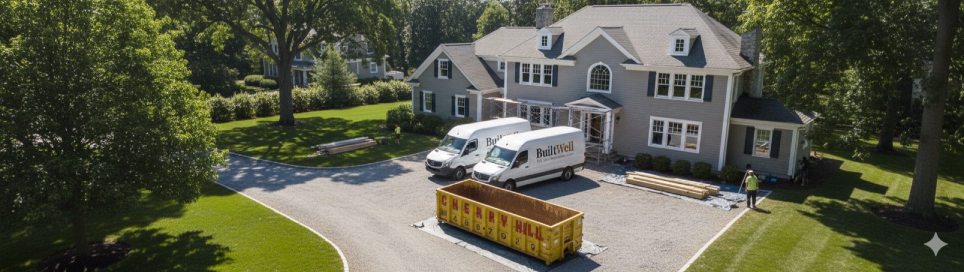 BuiltWell CT trucks at a Connecticut remodeling project site